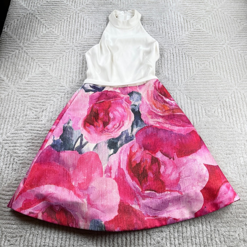 THEIA Floral Rose Halter Dress Womens 0 Pink Ivory Wedding Guest Cocktail Party